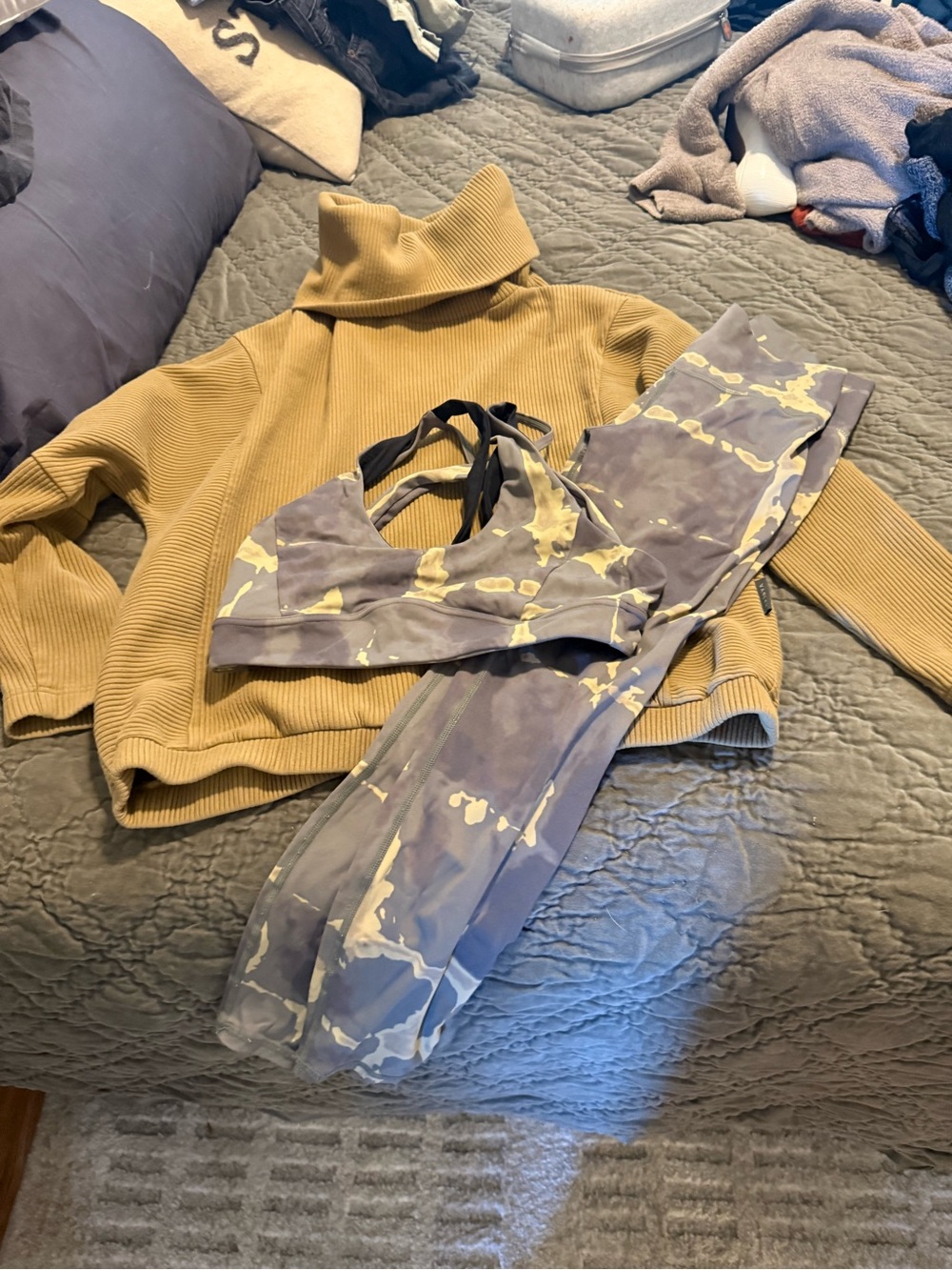 Varley Mustard Ribbed Turtleneck Sweater and Gray Camo Active Set